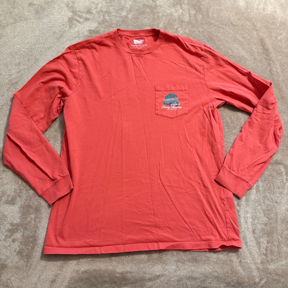 Vineyard Vines Mens Merry Christmas Van Long Sleeve Pocket T-Shirt Red M